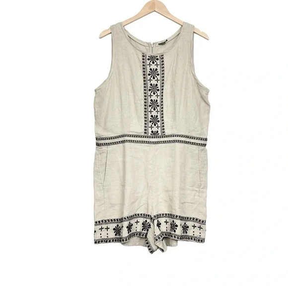 Ann Taylor Loft Embroidered Linen Beige Tan Romper Size 14 - Picture 2 of 7